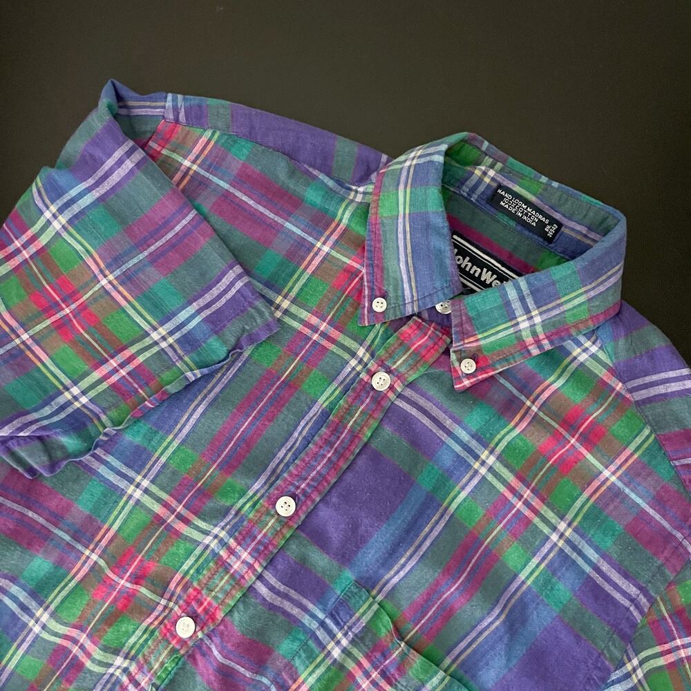Vintage John Weitz Shirt Mens Small Plaid Hand Loom Madras‎ Cotton Button Up